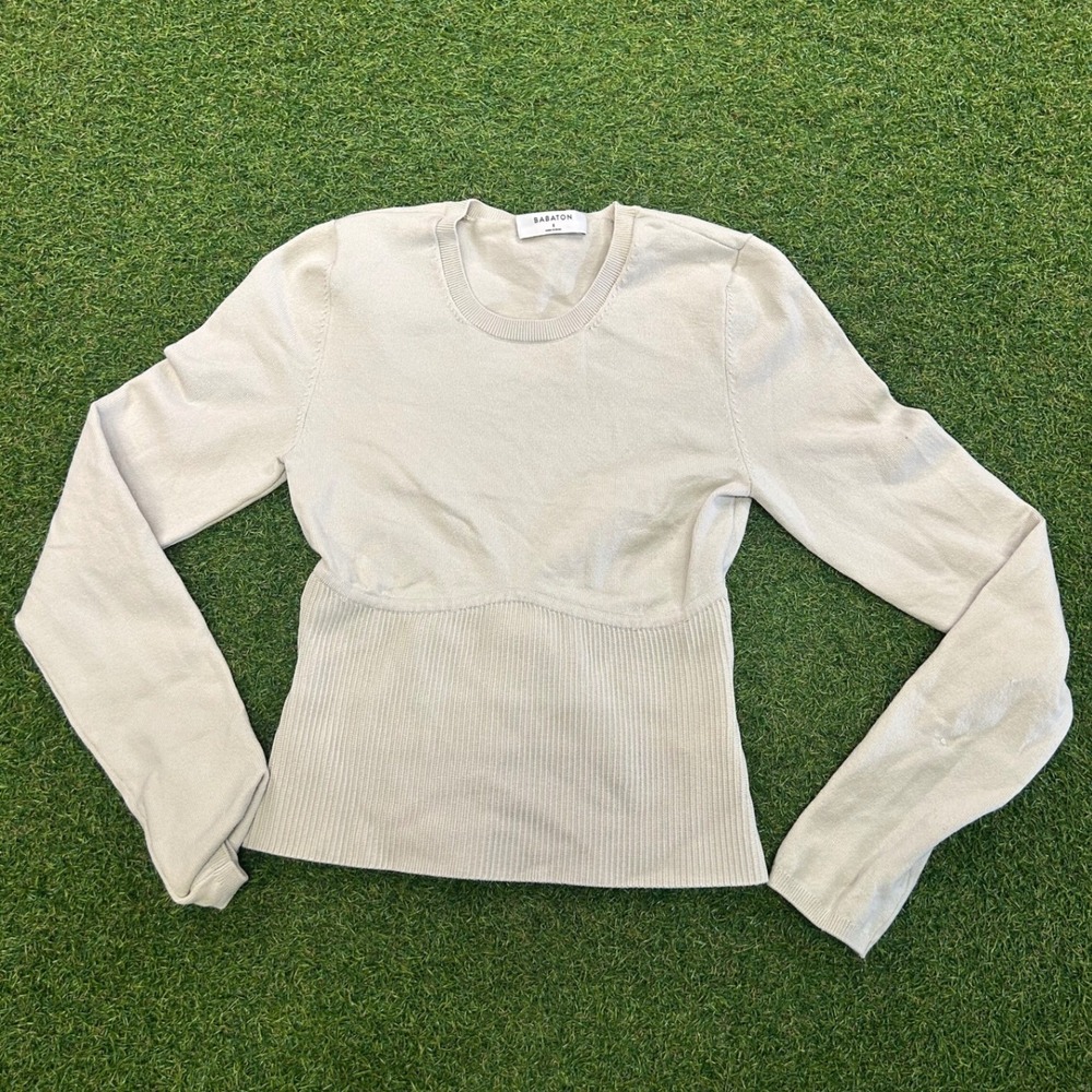 Babaton Aritzia Beige Ribbed Knit Long Sleeve Crew Neck Top Small